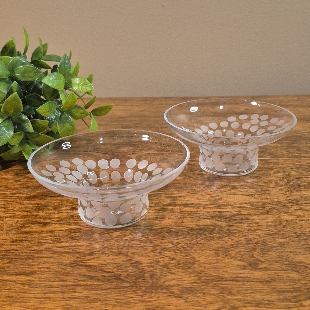BARBRO WESSLANDER Swedish Art Glass Candleholders Etched Dot Detail, Set of 2
